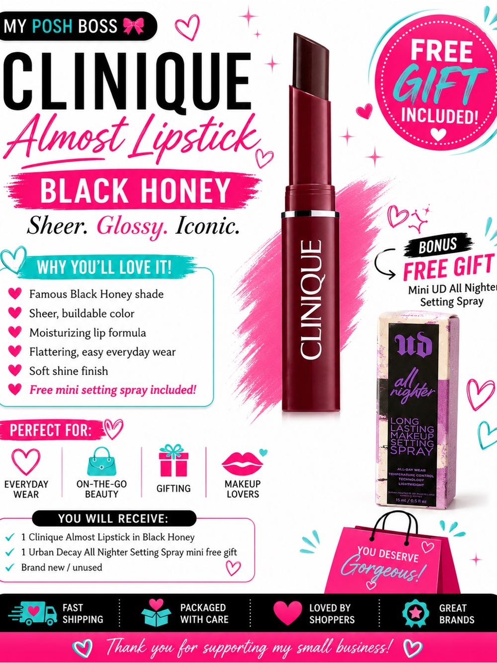 Clinique Almost Lipstick Black Honey + FREE Urban Decay All Nighter Mini NEW